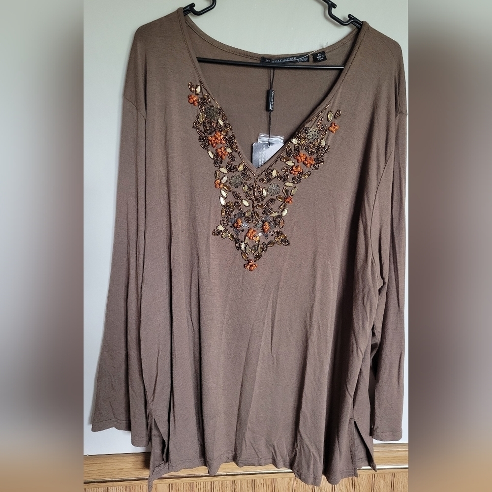Michelle Nicole Women's Brown Long Sleeve Bead Embellished Top Size 3X NWT